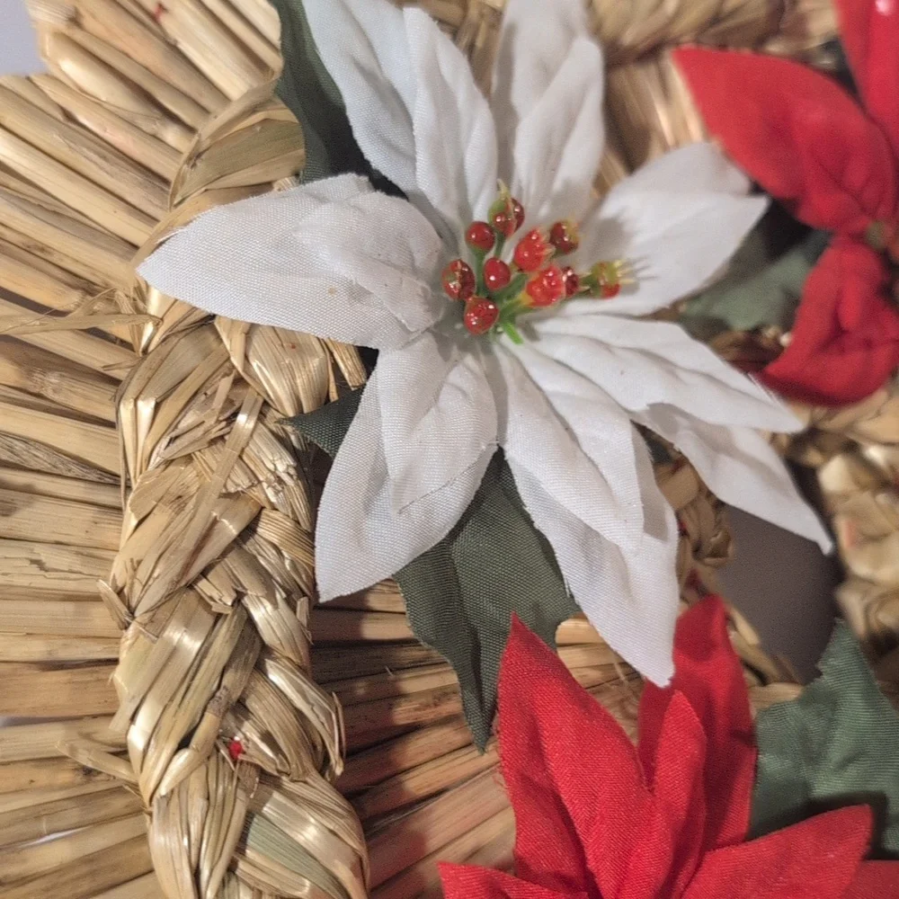 Vintage Holiday Swedish‎ Braided Straw Star Christmas Wreath Poinsettia Rare